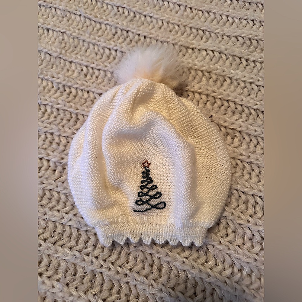 White slouchy beanie with hand embroidered tree, faux fur Pom Pom - toddler size